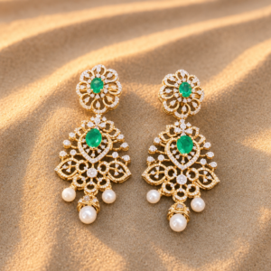 Diamond Emerald And Pearl  Earrring